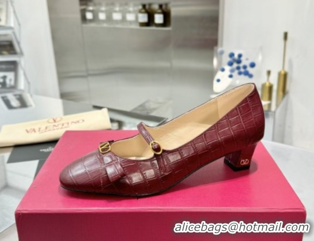 Duplicate Valentino Bowow Décolleté Pumps 5cm in Crocodile-Effect Printed Calfskin Dark Burgundy 0428064