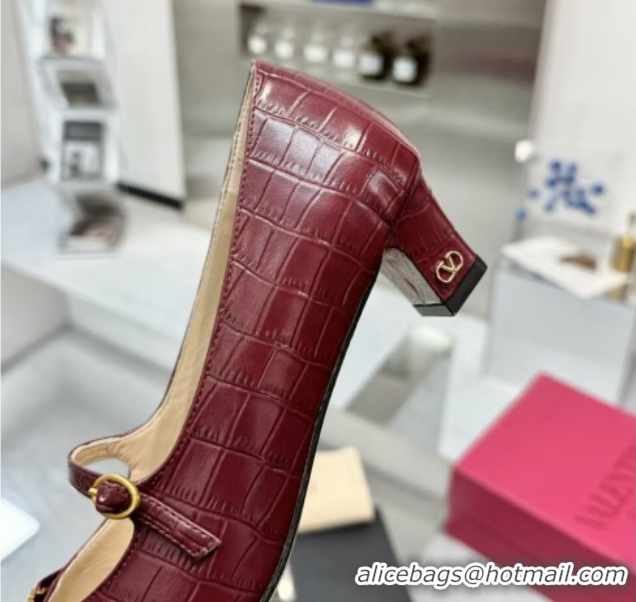 Duplicate Valentino Bowow Décolleté Pumps 5cm in Crocodile-Effect Printed Calfskin Dark Burgundy 0428064