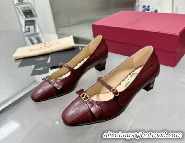 Duplicate Valentino Bowow Décolleté Pumps 5cm in Crocodile-Effect Printed Calfskin Dark Burgundy 0428064