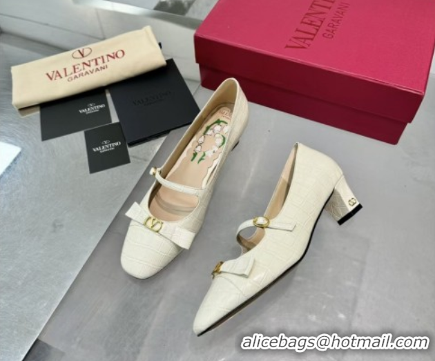 Hot Style Valentino Bowow Décolleté Pumps 5cm in Crocodile-Effect Printed Calfskin White 0428066