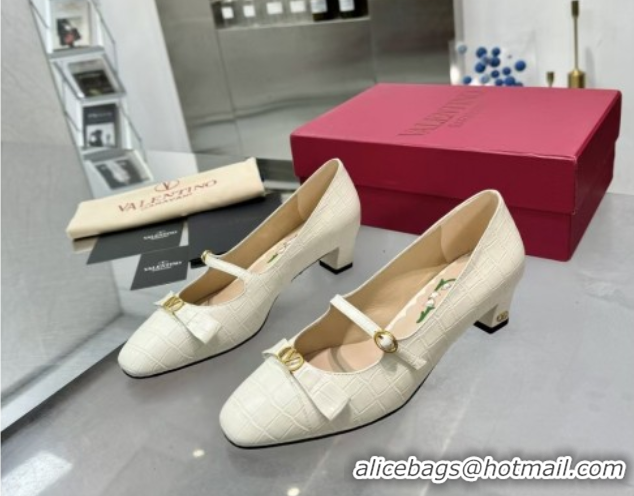 Hot Style Valentino Bowow Décolleté Pumps 5cm in Crocodile-Effect Printed Calfskin White 0428066