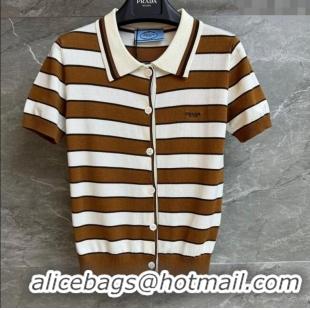Top Grade Prada Striped Cotton Polo Top 0515 White/Brown 2025