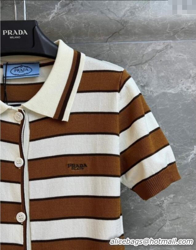 Top Grade Prada Striped Cotton Polo Top 0515 White/Brown 2025