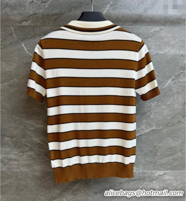 Top Grade Prada Striped Cotton Polo Top 0515 White/Brown 2025