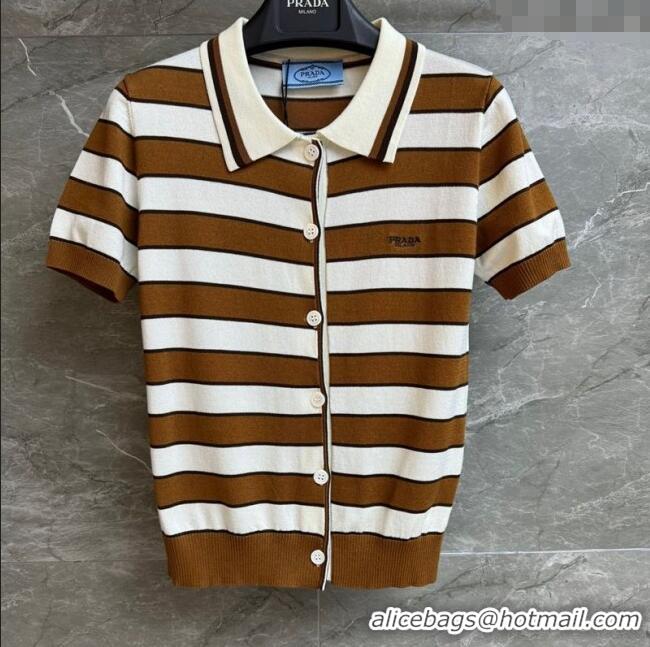 Top Grade Prada Striped Cotton Polo Top 0515 White/Brown 2025
