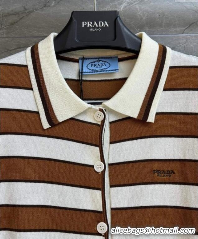 Top Grade Prada Striped Cotton Polo Top 0515 White/Brown 2025