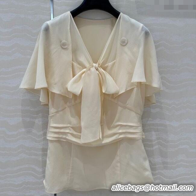 Grade Cheap Prada Silk Bow Shirt 0515 Cream Beige 2025