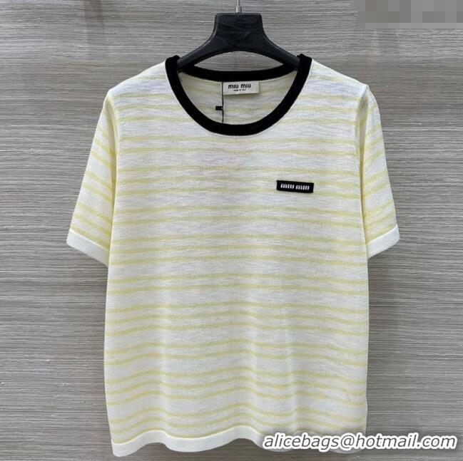 Top Design Miu Miu Knit Striped T-Shirt 0515 White/Yellow 2025