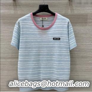 Luxury Discount Miu Miu Knit Striped T-Shirt 0515 Light Blue 2025