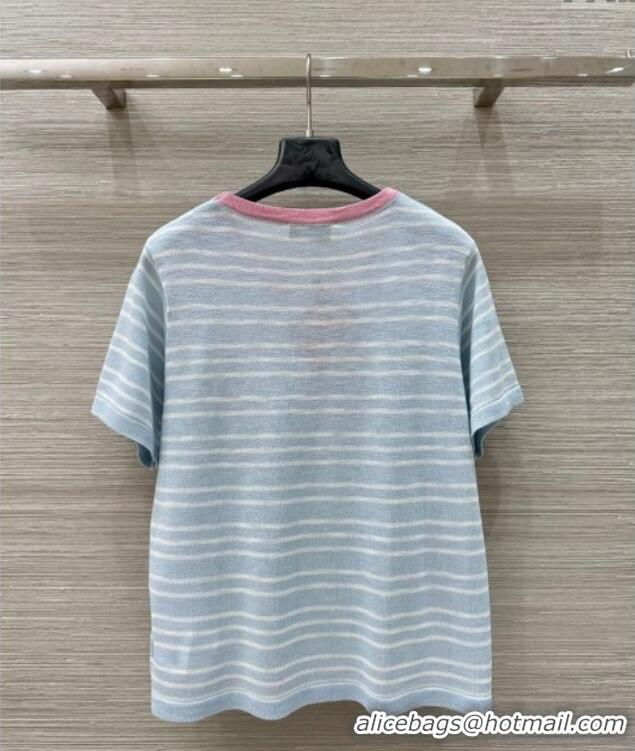 Luxury Discount Miu Miu Knit Striped T-Shirt 0515 Light Blue 2025