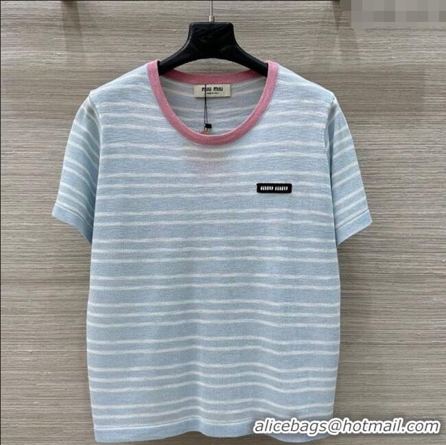 Luxury Discount Miu Miu Knit Striped T-Shirt 0515 Light Blue 2025
