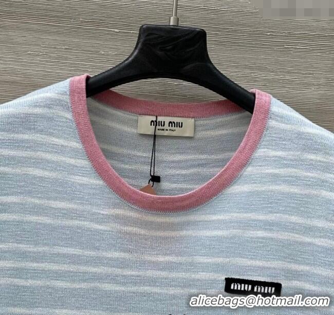 Luxury Discount Miu Miu Knit Striped T-Shirt 0515 Light Blue 2025
