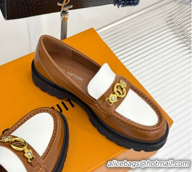 Top Grade Louis Vuitton District Platform Loafers in Leather Brown/White 0222026