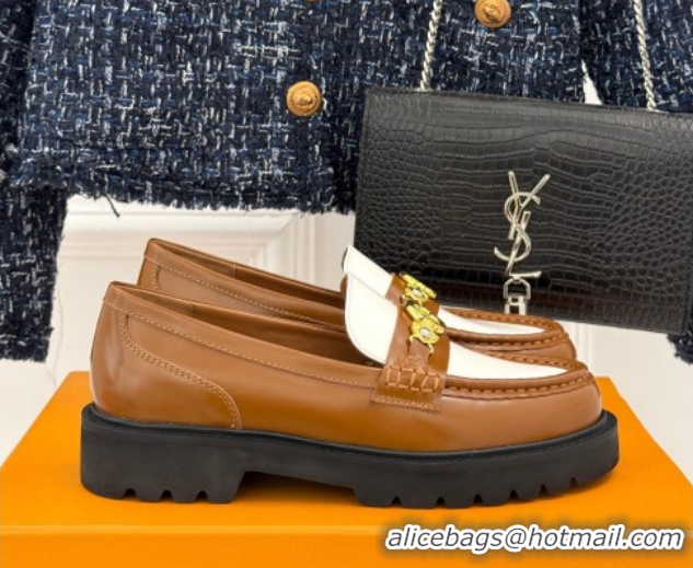 Top Grade Louis Vuitton District Platform Loafers in Leather Brown/White 0222026