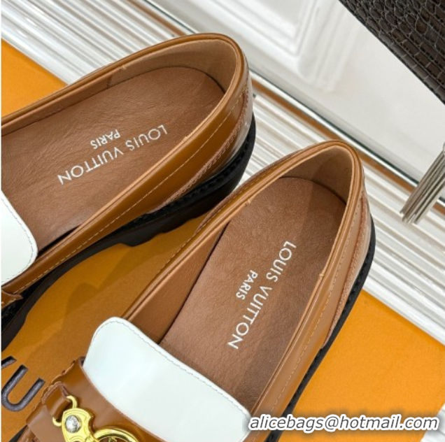 Top Grade Louis Vuitton District Platform Loafers in Leather Brown/White 0222026
