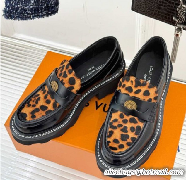 Charming Louis Vuitton LV Beaubourg Platform Loafers 4cm with Coin Charm in Leopard print/Black Leather 0222028
