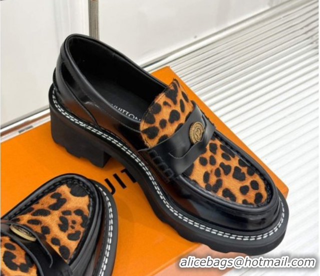 Charming Louis Vuitton LV Beaubourg Platform Loafers 4cm with Coin Charm in Leopard print/Black Leather 0222028