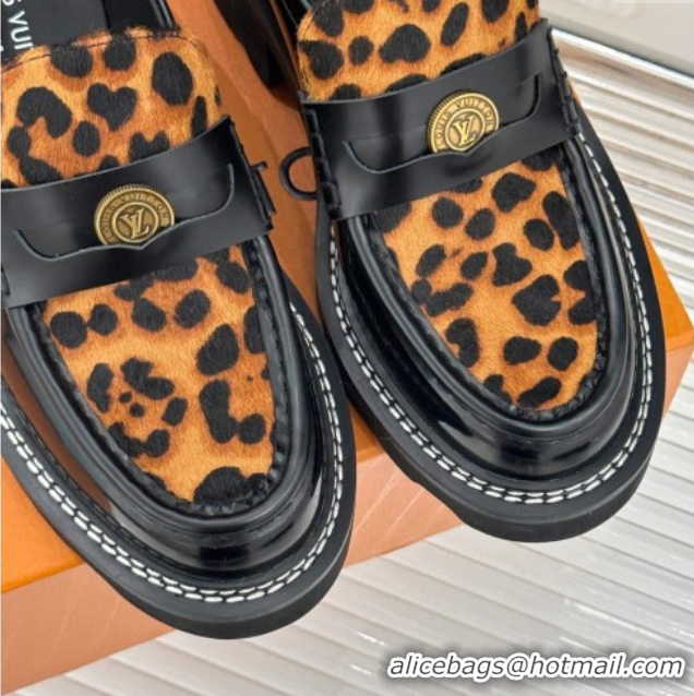 Charming Louis Vuitton LV Beaubourg Platform Loafers 4cm with Coin Charm in Leopard print/Black Leather 0222028