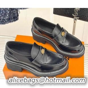 Duplicate Louis Vuitton LV Beaubourg Platform Loafers 4cm with Coin Charm in Calfskin Leather Black 0222029