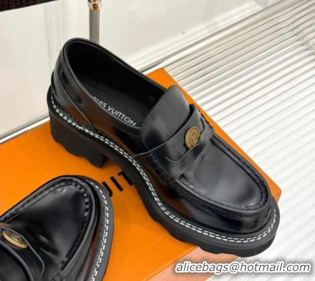 Duplicate Louis Vuitton LV Beaubourg Platform Loafers 4cm with Coin Charm in Calfskin Leather Black 0222029