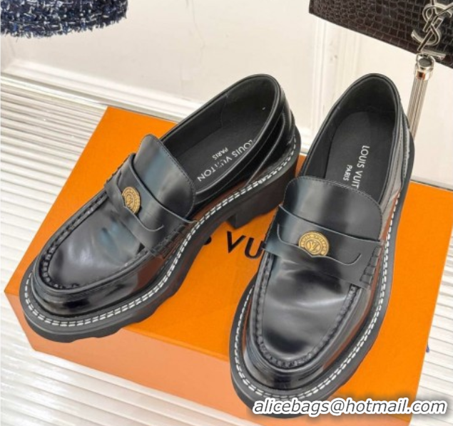Duplicate Louis Vuitton LV Beaubourg Platform Loafers 4cm with Coin Charm in Calfskin Leather Black 0222029
