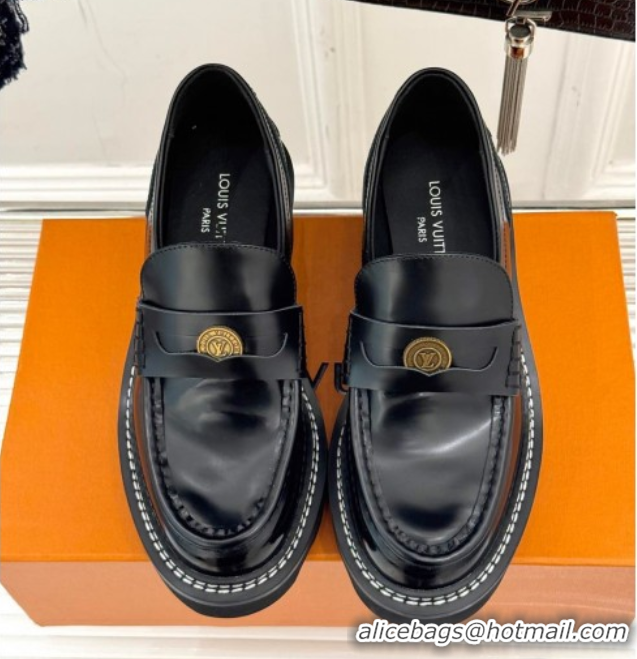 Duplicate Louis Vuitton LV Beaubourg Platform Loafers 4cm with Coin Charm in Calfskin Leather Black 0222029