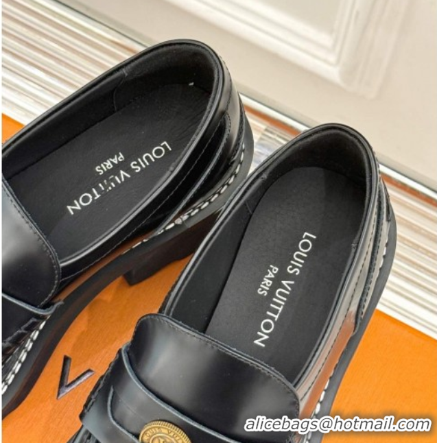 Duplicate Louis Vuitton LV Beaubourg Platform Loafers 4cm with Coin Charm in Calfskin Leather Black 0222029