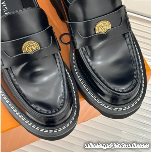 Duplicate Louis Vuitton LV Beaubourg Platform Loafers 4cm with Coin Charm in Calfskin Leather Black 0222029