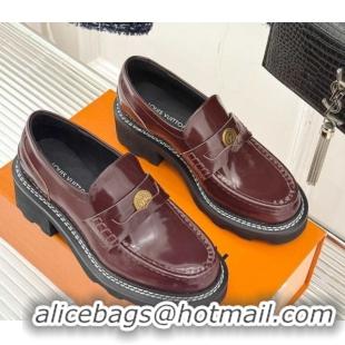 Good Quality Louis Vuitton LV Beaubourg Platform Loafers 4cm with Coin Charm in Calfskin Leather Dark Burgundy 0222031