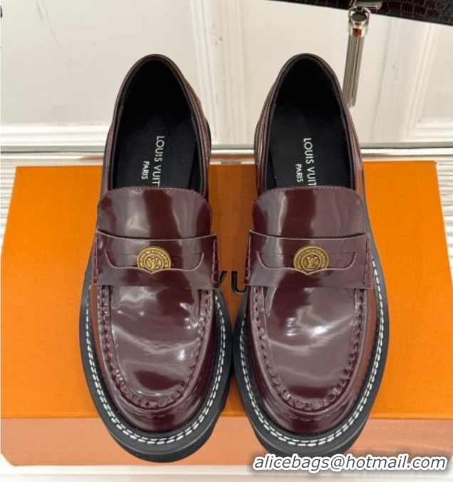 Good Quality Louis Vuitton LV Beaubourg Platform Loafers 4cm with Coin Charm in Calfskin Leather Dark Burgundy 0222031