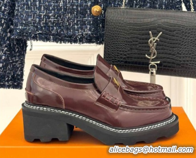 Good Quality Louis Vuitton LV Beaubourg Platform Loafers 4cm with Coin Charm in Calfskin Leather Dark Burgundy 0222031