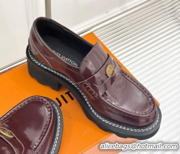 Good Quality Louis Vuitton LV Beaubourg Platform Loafers 4cm with Coin Charm in Calfskin Leather Dark Burgundy 0222031