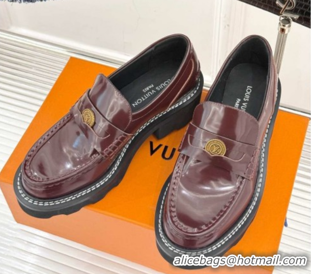 Good Quality Louis Vuitton LV Beaubourg Platform Loafers 4cm with Coin Charm in Calfskin Leather Dark Burgundy 0222031