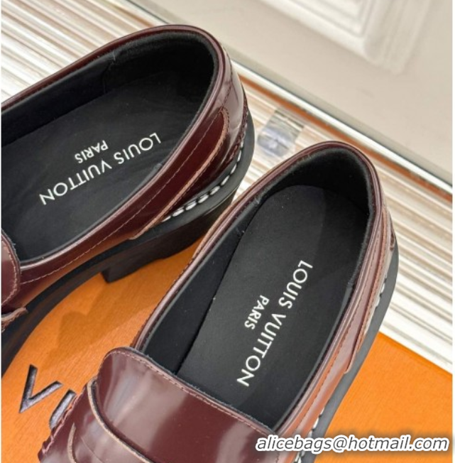 Good Quality Louis Vuitton LV Beaubourg Platform Loafers 4cm with Coin Charm in Calfskin Leather Dark Burgundy 0222031