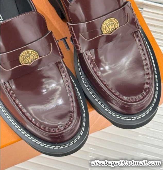 Good Quality Louis Vuitton LV Beaubourg Platform Loafers 4cm with Coin Charm in Calfskin Leather Dark Burgundy 0222031