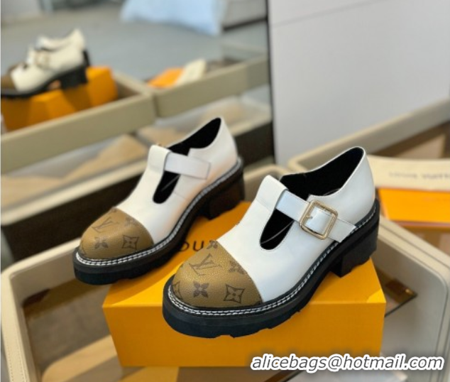 Lowest Price Louis Vuitton Leather and Monogram Canvas Platform Mary Janes Loafers White 0222037
