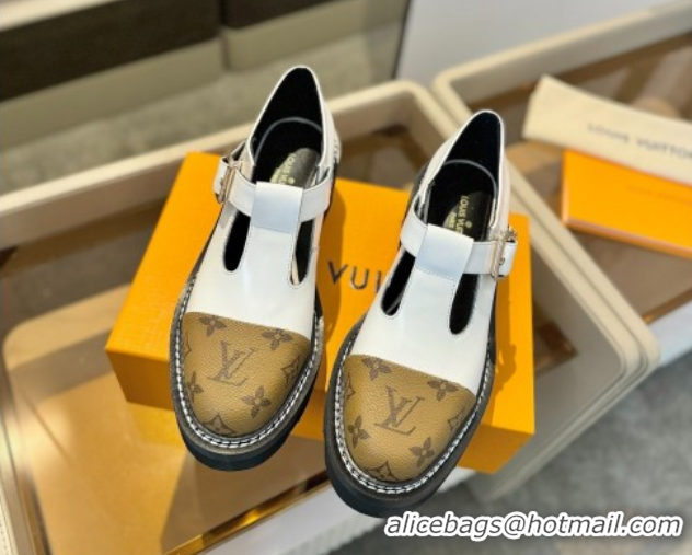 Lowest Price Louis Vuitton Leather and Monogram Canvas Platform Mary Janes Loafers White 0222037
