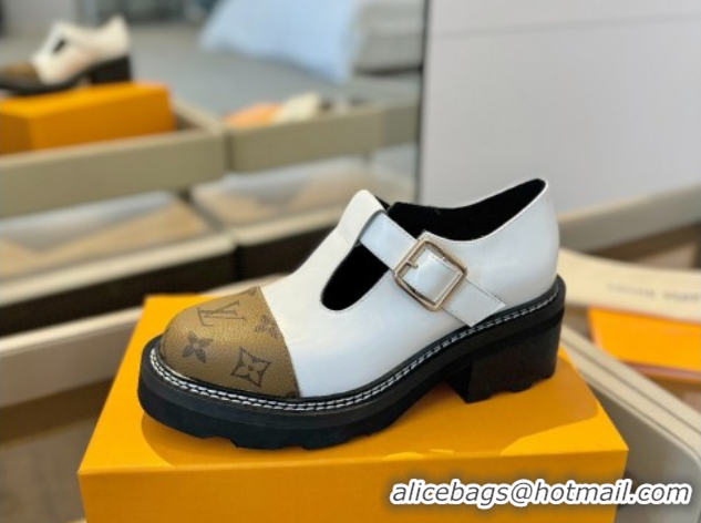 Lowest Price Louis Vuitton Leather and Monogram Canvas Platform Mary Janes Loafers White 0222037