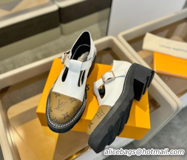 Lowest Price Louis Vuitton Leather and Monogram Canvas Platform Mary Janes Loafers White 0222037
