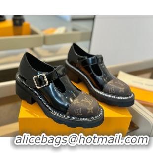Low Cost Louis Vuitton Leather and Monogram Canvas Platform Mary Janes Loafers Black 0222038