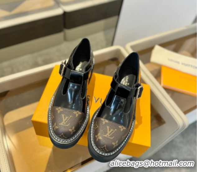 Low Cost Louis Vuitton Leather and Monogram Canvas Platform Mary Janes Loafers Black 0222038