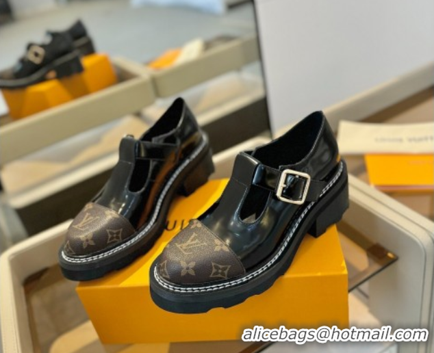 Low Cost Louis Vuitton Leather and Monogram Canvas Platform Mary Janes Loafers Black 0222038