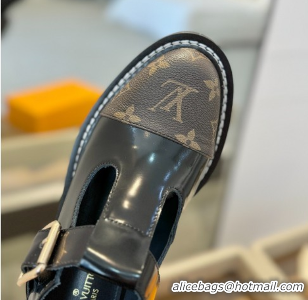 Low Cost Louis Vuitton Leather and Monogram Canvas Platform Mary Janes Loafers Black 0222038