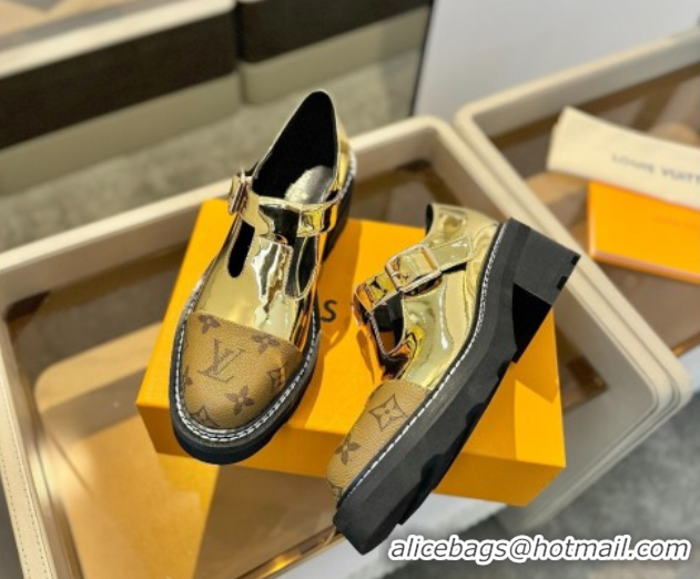 Stylish Louis Vuitton Leather and Monogram Canvas Platform Mary Janes Loafers Gold 0222039