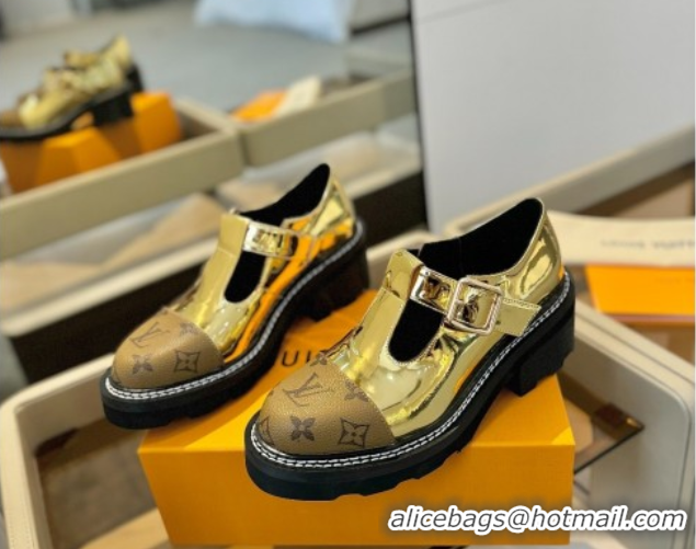 Stylish Louis Vuitton Leather and Monogram Canvas Platform Mary Janes Loafers Gold 0222039