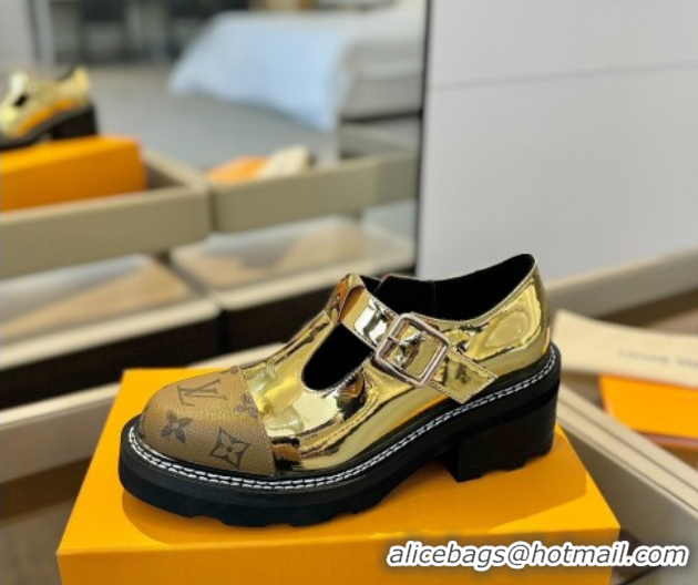 Stylish Louis Vuitton Leather and Monogram Canvas Platform Mary Janes Loafers Gold 0222039