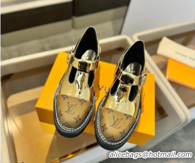 Stylish Louis Vuitton Leather and Monogram Canvas Platform Mary Janes Loafers Gold 0222039