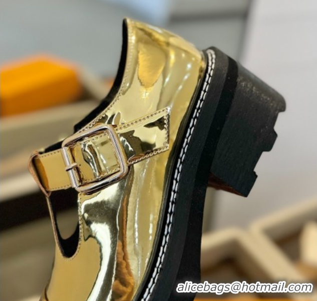 Stylish Louis Vuitton Leather and Monogram Canvas Platform Mary Janes Loafers Gold 0222039