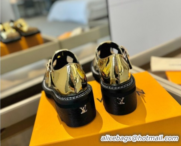 Stylish Louis Vuitton Leather and Monogram Canvas Platform Mary Janes Loafers Gold 0222039