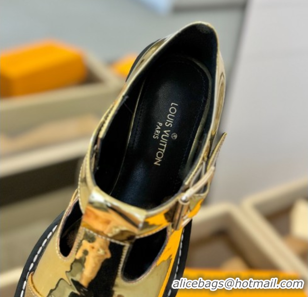 Stylish Louis Vuitton Leather and Monogram Canvas Platform Mary Janes Loafers Gold 0222039